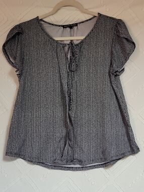 Always Indigo  Black and White Tie-Neck Flutter Sleeve Blouse